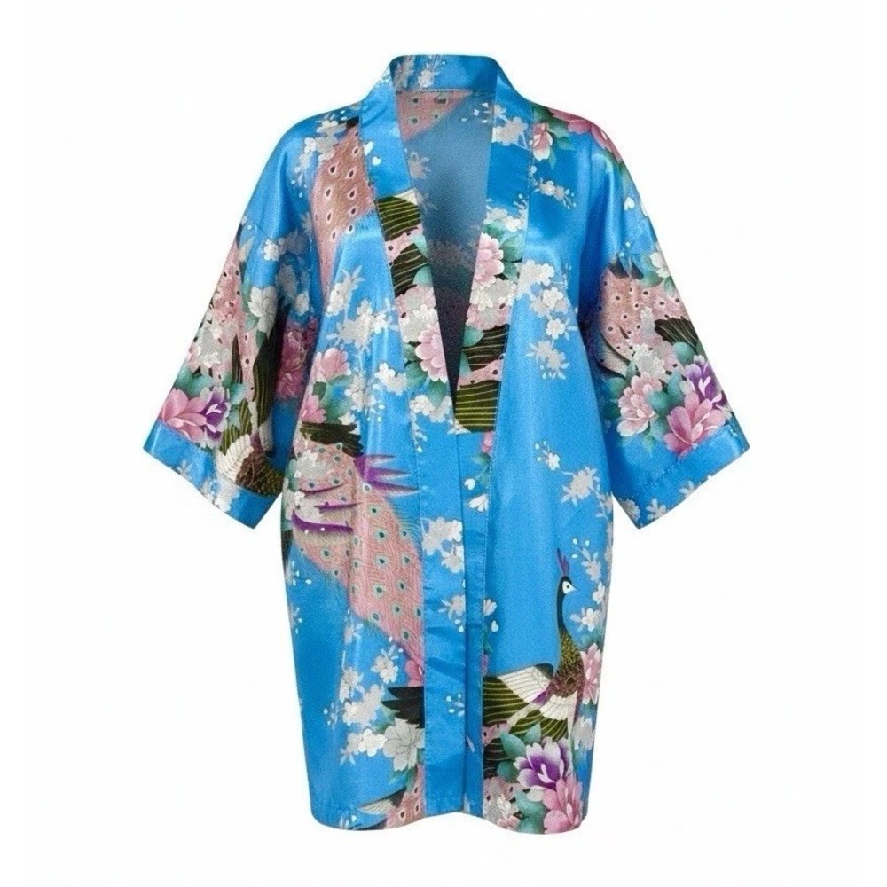 Children's One Size Blue Kimono Robe Top With Peacock Design